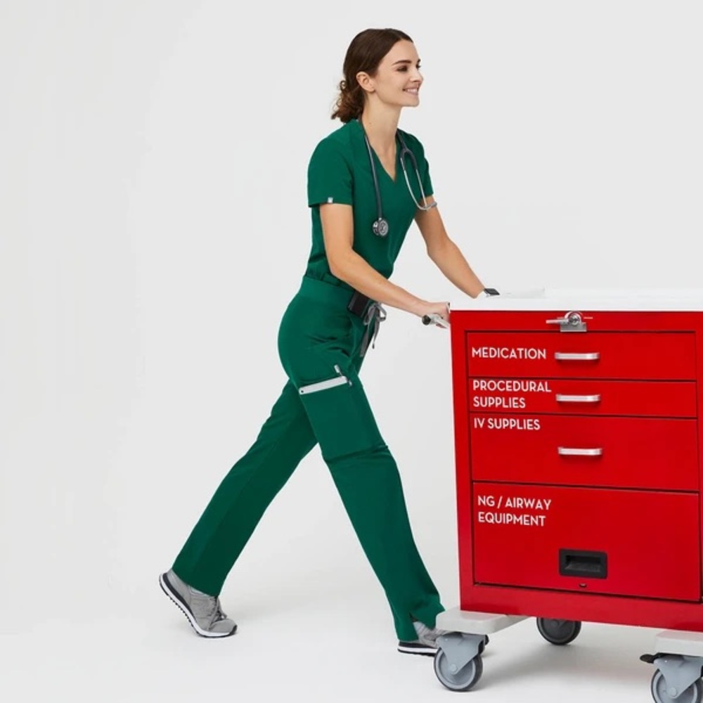 Figs Casma Three Pocket Scrub Top and Kade Cargo Pants in Hunter Green